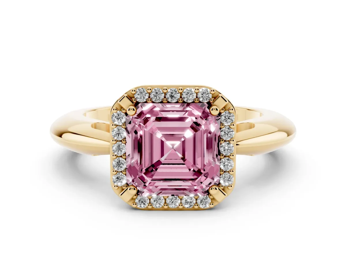 Fancy Pink Asscher Cut Cut Diamond Halo Engagement Ring with Split Shank and Four-Prong Setting Yellow gold