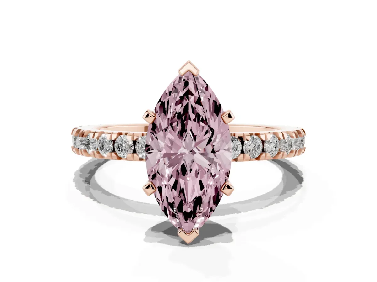 Fancy Pink Marquise Cut Diamond Pavé Band Solitaire with Four-Prong Setting Rose gold