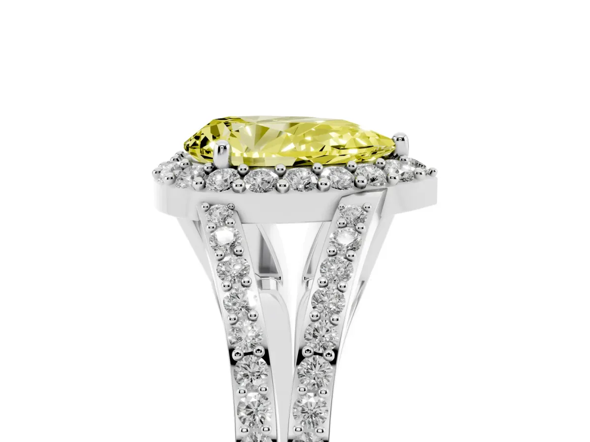 Fancy Yellow Pear Cut Halo Split Shank Pave Diamond Ring with Four-Prong Setting Platinum
