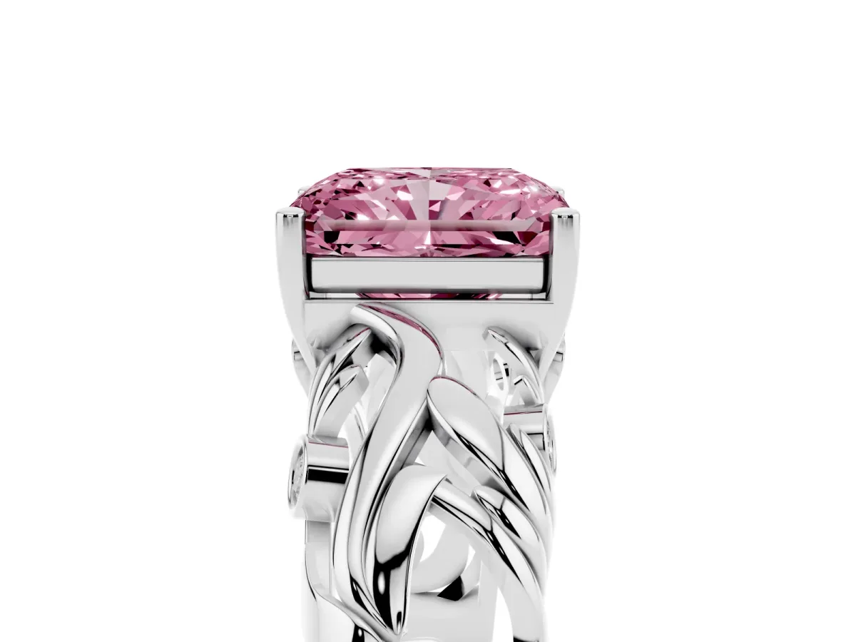 Fancy Pink Radiant Cut Solitaire Diamond Leaf-Inspired Vine Band Ring with Prong Setting Silver