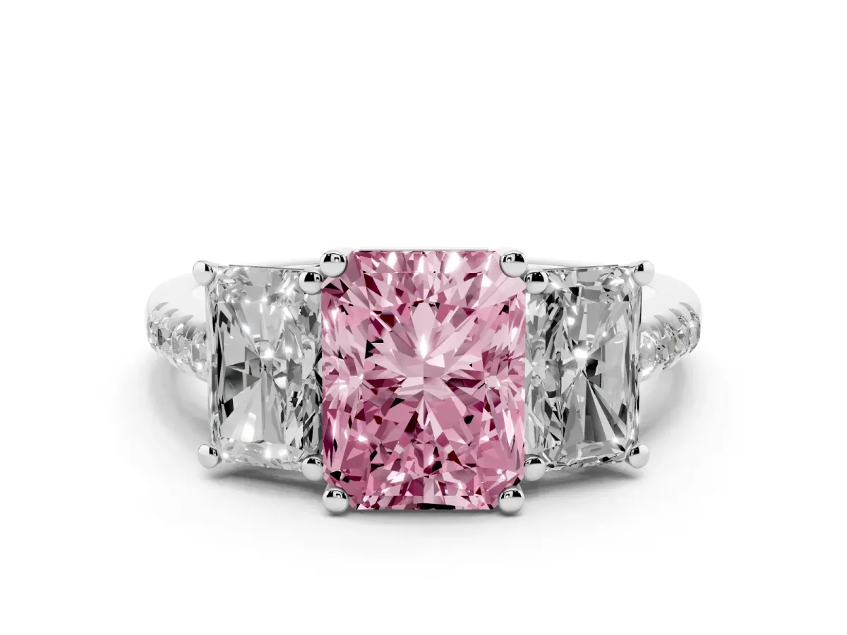 Fancy Pink Three-Stone Radiant Cut Diamond Ring with Round Pavé Band and Prong Setting Silver