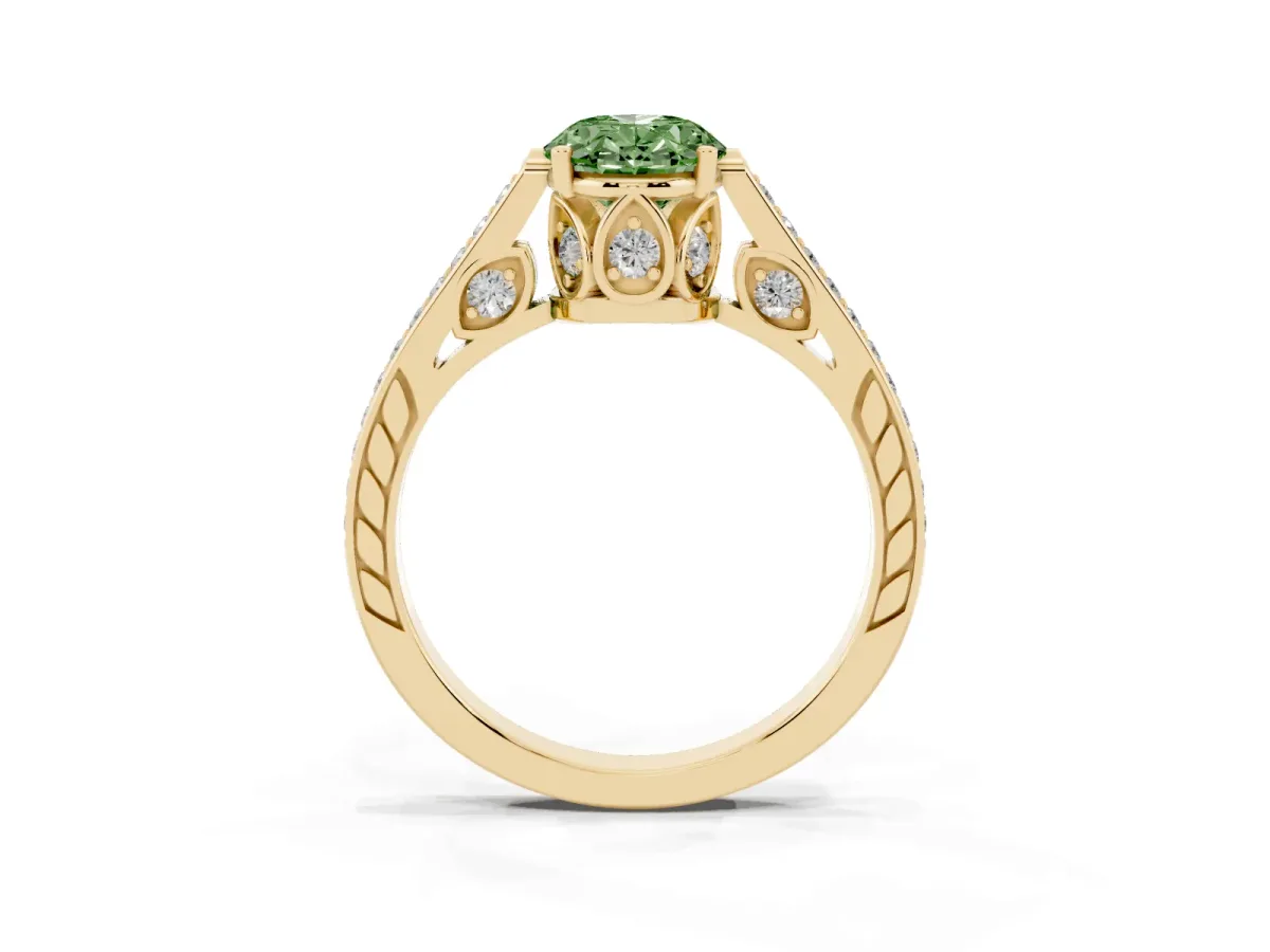 Fancy Green Oval Cut Cut Cathedral Pave Diamond Engagement Ring with Six-Prong Setting Yellow gold