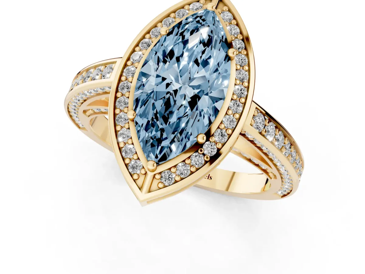 Fancy Blue Marquise Cut Cut Halo Pave Split Shank Prong Setting Ring Yellow gold