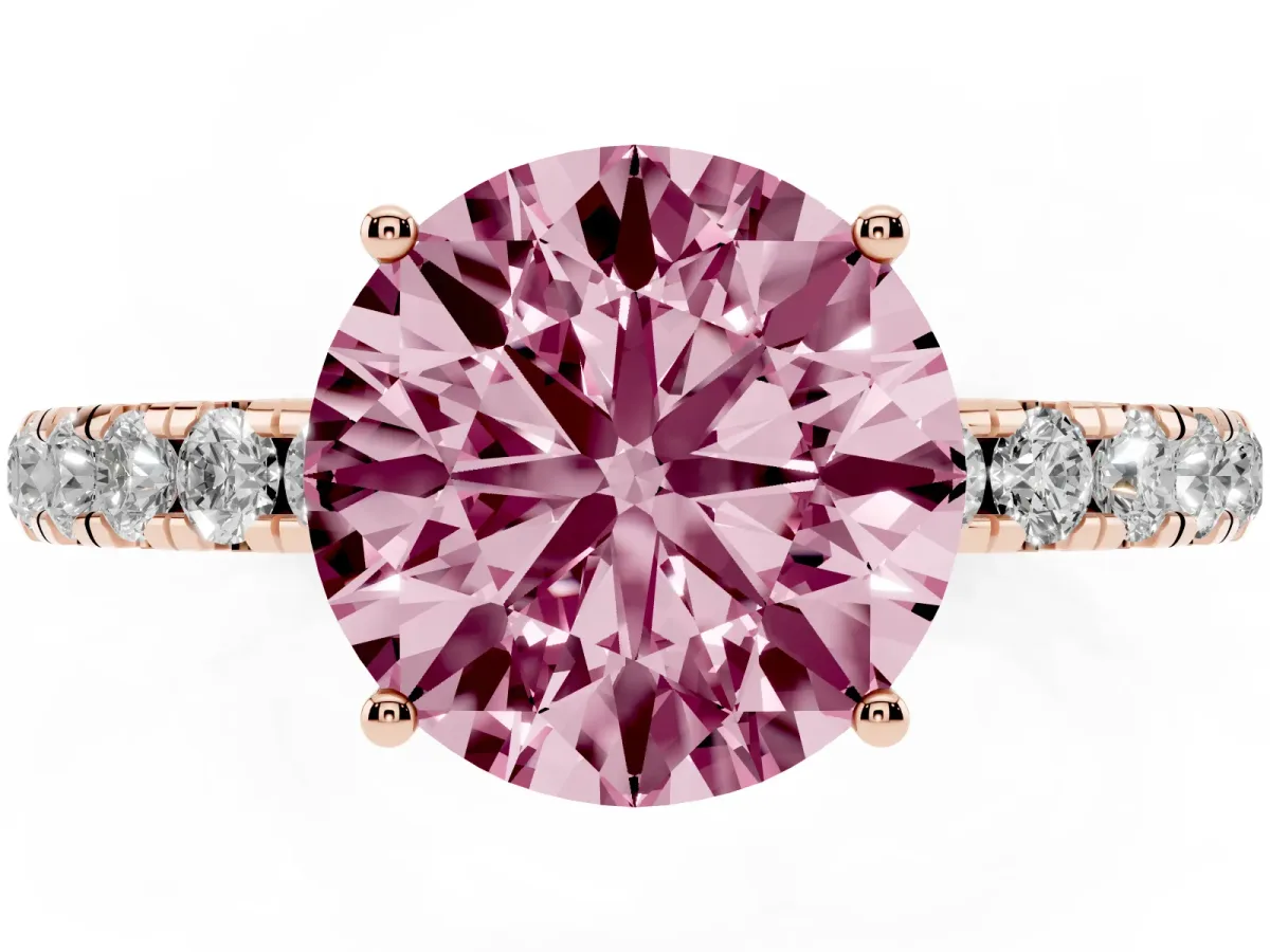 Fancy Pink Round Cut Diamond Pavé Solitaire Engagement Ring with Four-Prong Setting Rose gold