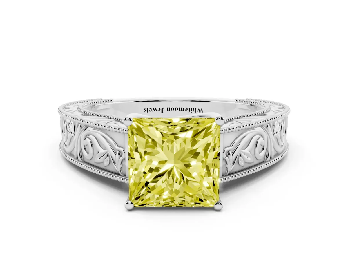 Fancy Yellow Princess Cut Diamond Solitaire Ring with Engraved Band and Four-Prong Setting Silver