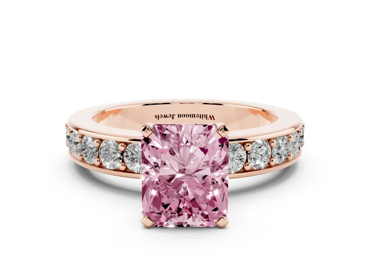 Fancy Pink Radiant Cut Diamond Engagement Ring with Channel Set Round Band and Prong Setting Rose gold