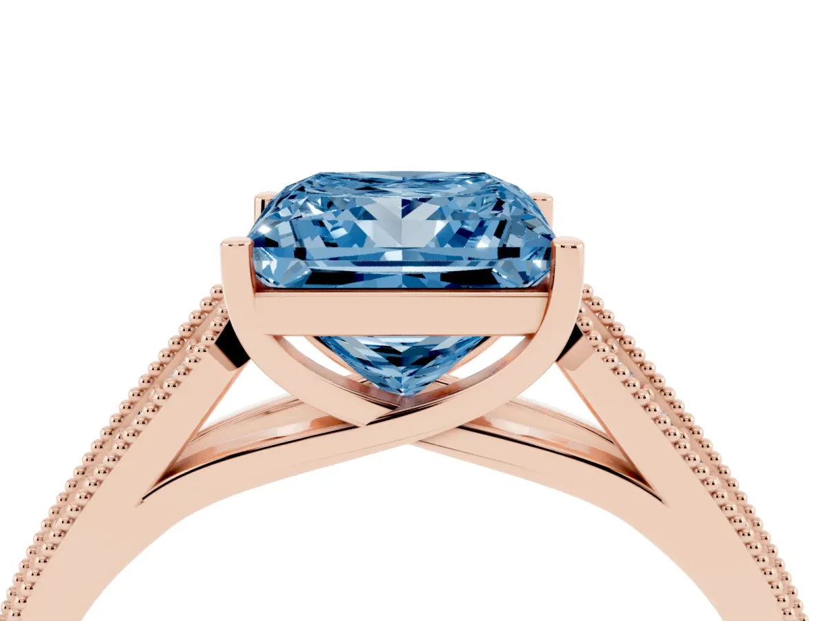 Fancy Blue Princess Cut Cut Pave Split Shank Engagement Ring with Four-Prong Setting Rose gold
