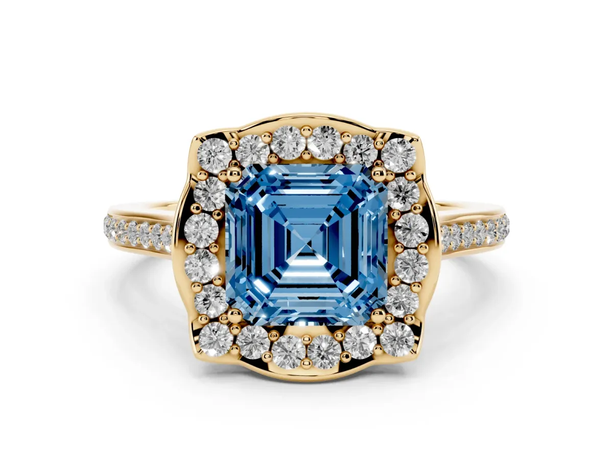 Fancy Blue Asscher Cut Halo Round Diamond Pave Band with Four-Prong Setting Yellow gold