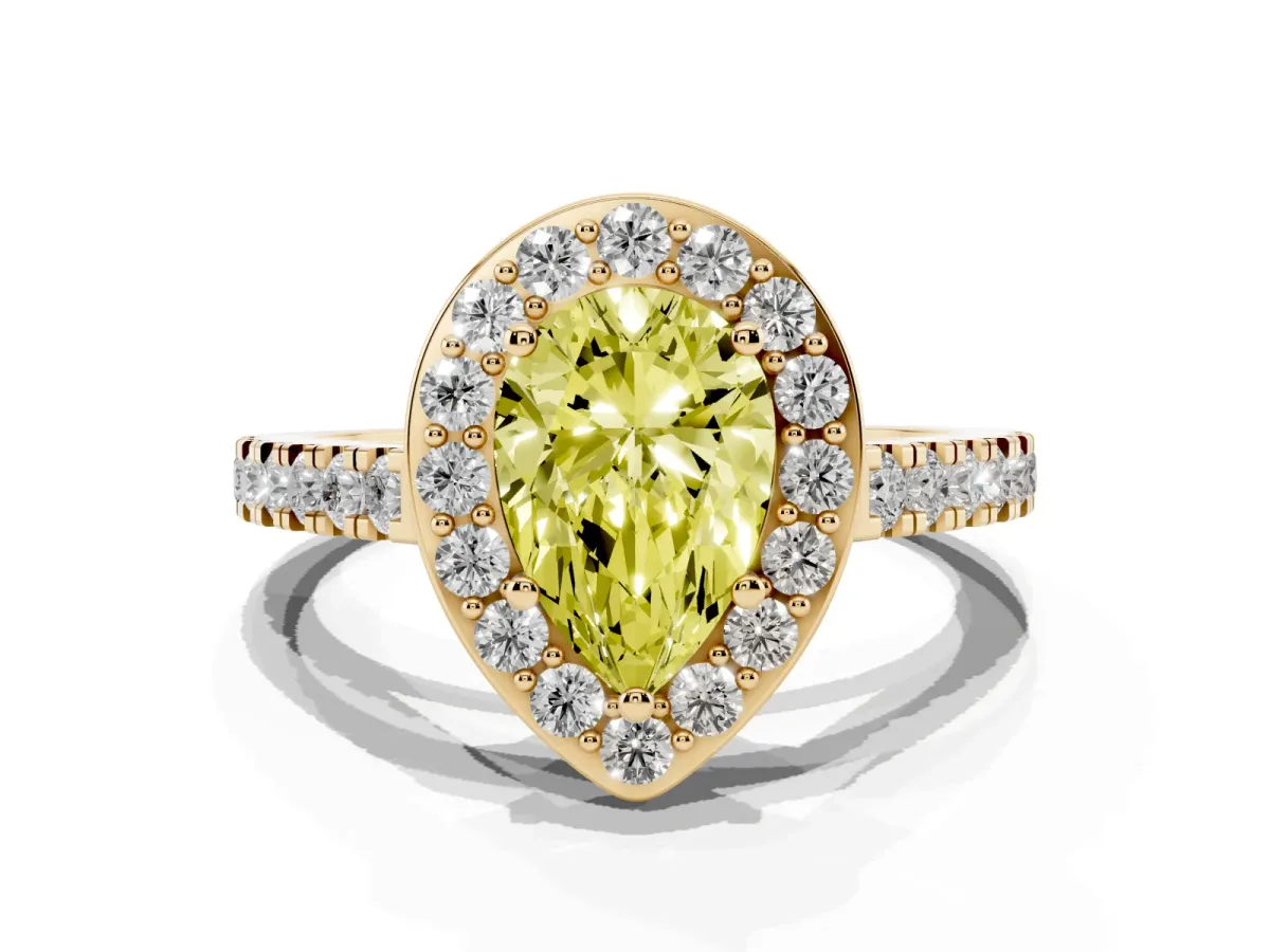 Fancy Yellow Pear Cut Diamond Halo Ring with Round Pavé Split Shank and Prong Setting Yellow gold