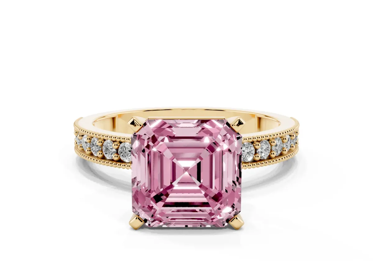 Fancy Pink Asscher Cut Diamond Milgrain Pavé Engagement Ring with Four-Prong Setting Yellow gold