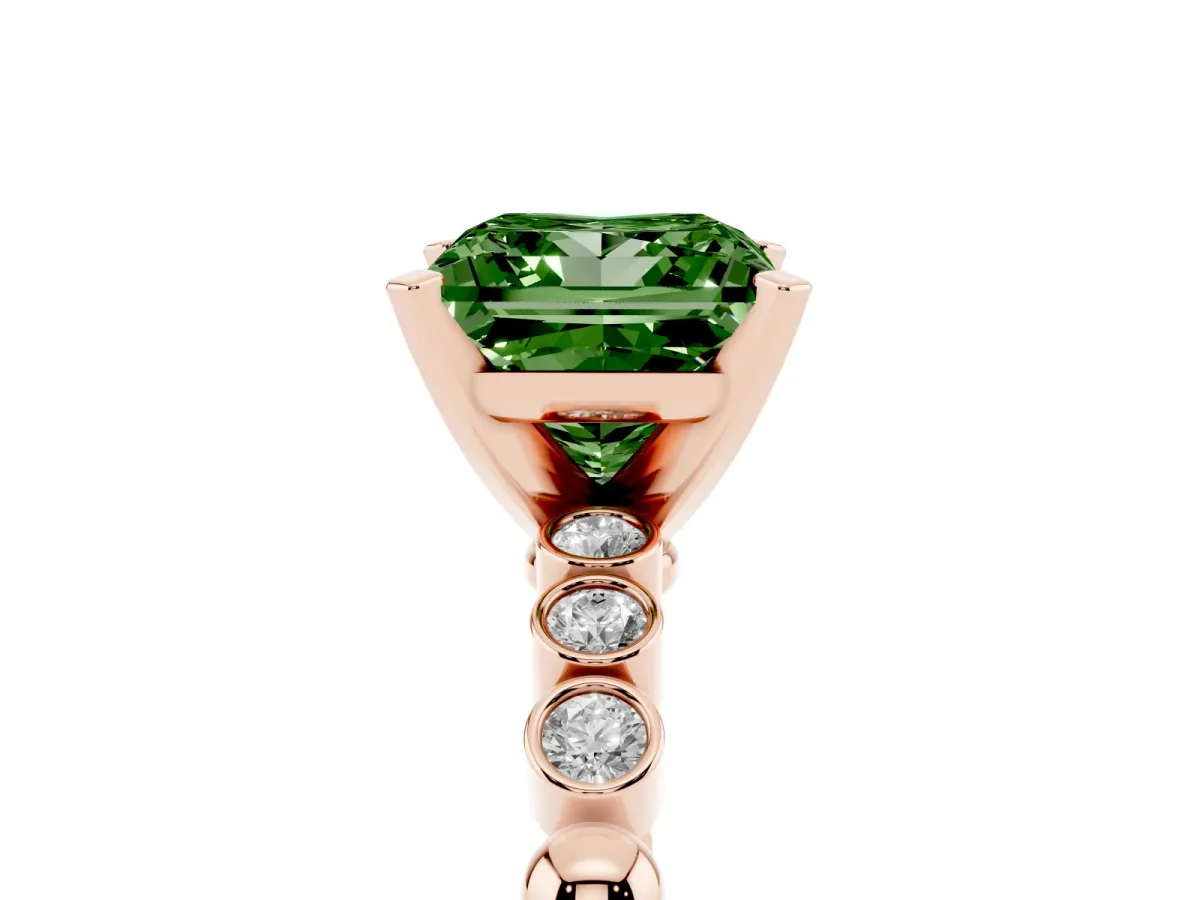 Fancy Green Princess Cut Solitaire Bezel Accent Diamond Engagement Ring with Beaded Band and Four-Prong Setting Rose gold