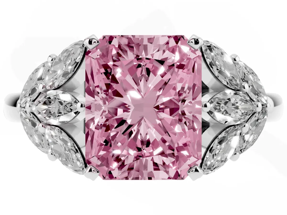 Fancy Pink Radiant Cut Diamond Cluster Leaf Design Ring with Prong Setting White gold