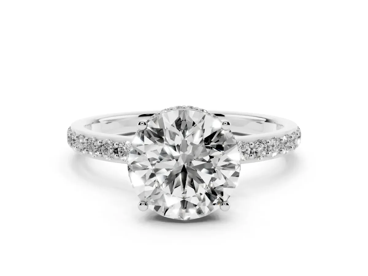 Round Cut Diamond Solitaire Ring with Pavé Band and Hidden Halo Platinum