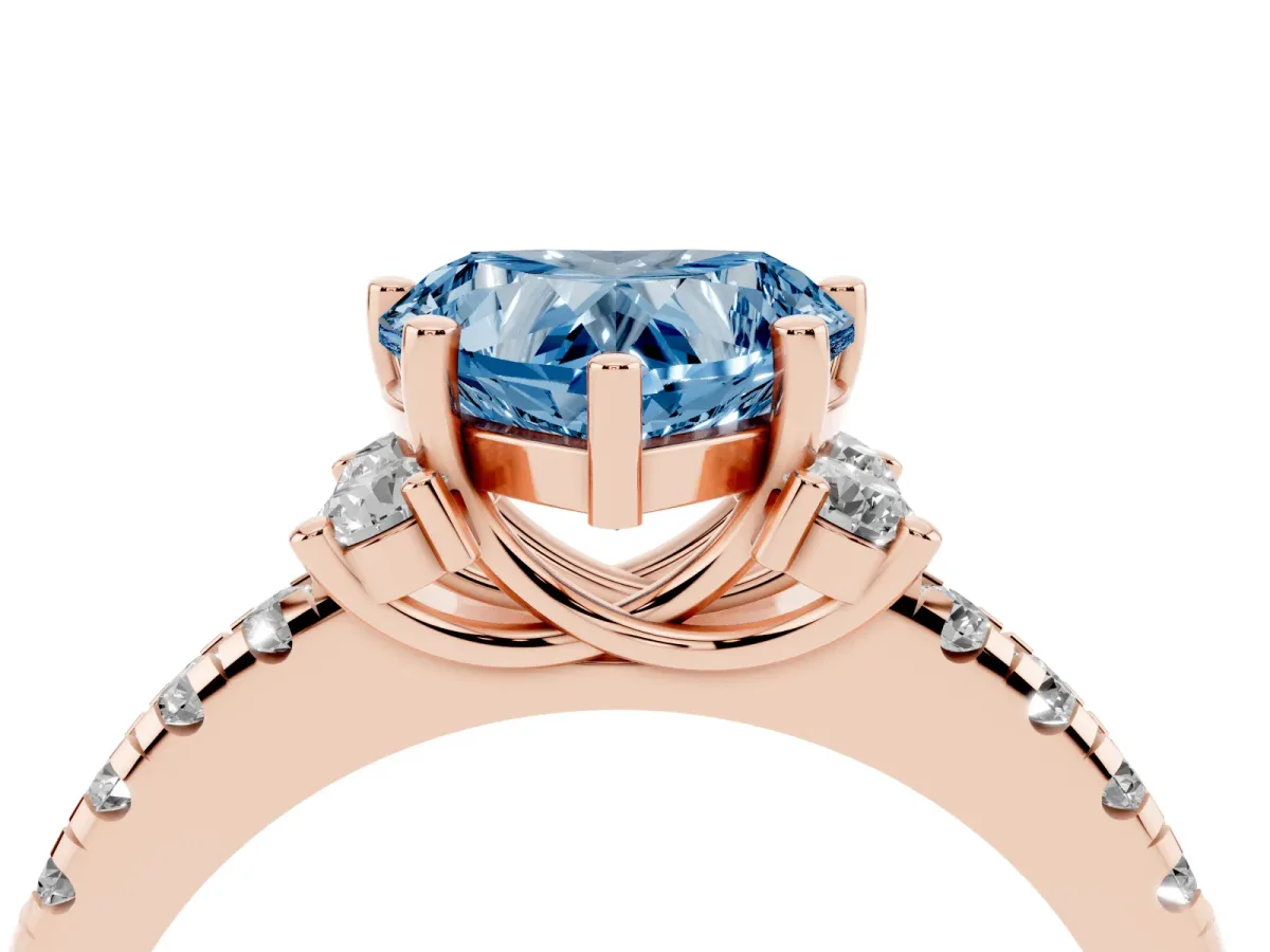 Fancy Blue Heart Cut Diamond Three-Stone Pave Band with Four-Prong Setting Rose gold