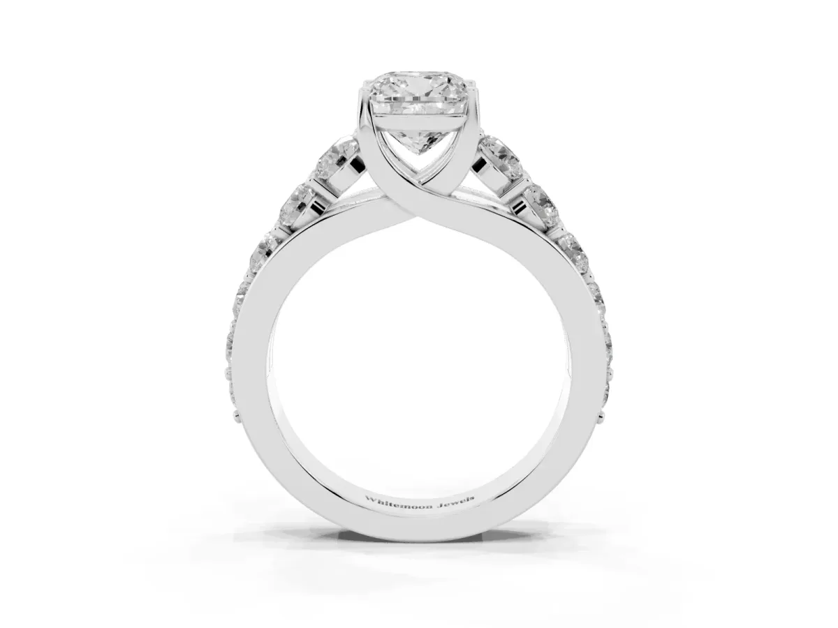Cushion Cut Diamond Engagement Ring with Pavé Band and Four-Prong Setting Silver