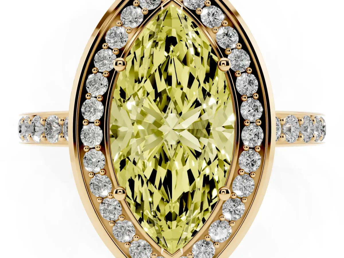 Fancy Yellow Marquise Cut Diamond Halo Ring with Bezel Frame and Pavé Band Yellow gold
