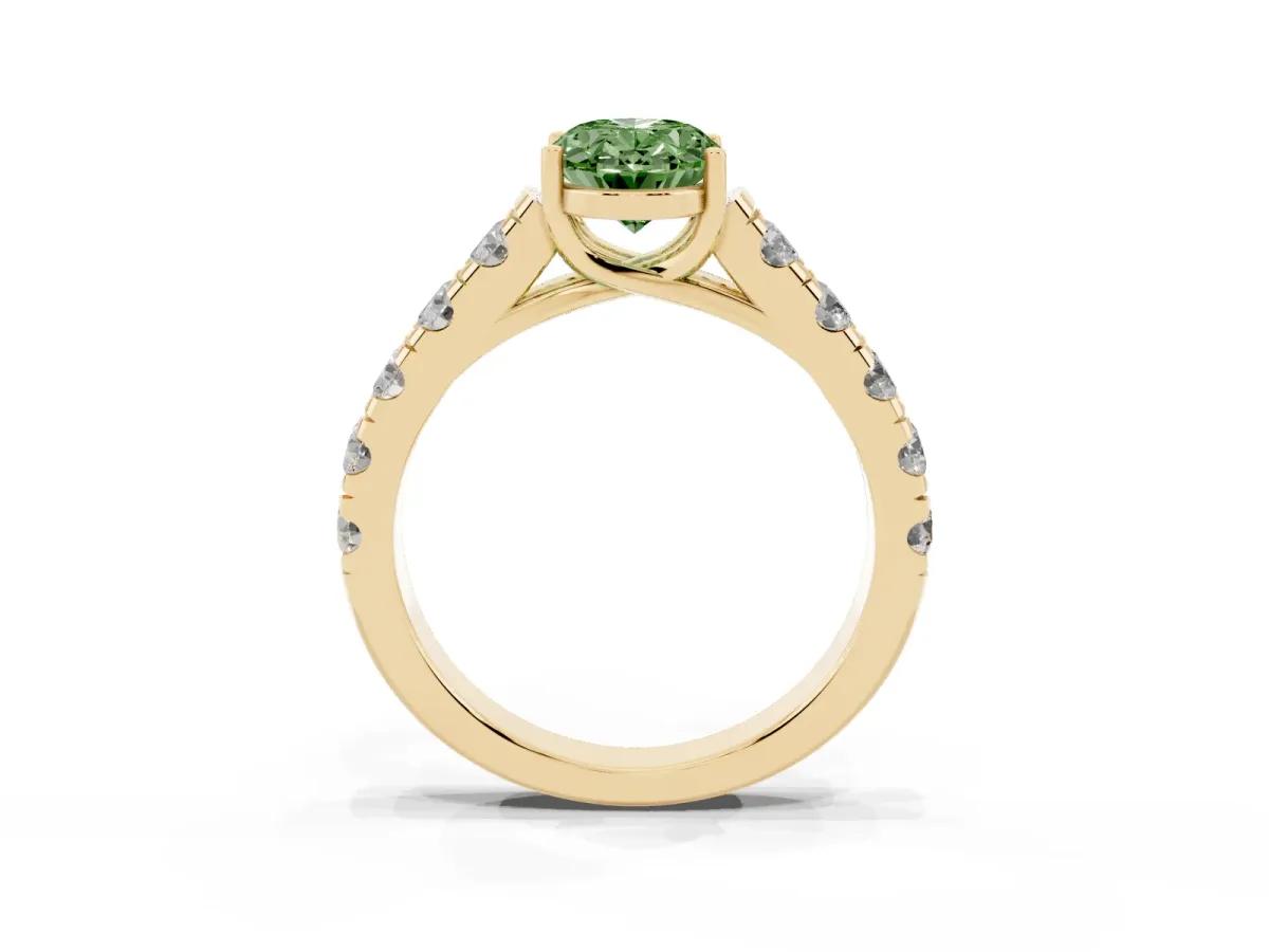 Fancy Green Oval Cut Cut Diamond Solitaire Ring with Micro Pave Band and Prong Setting Yellow gold