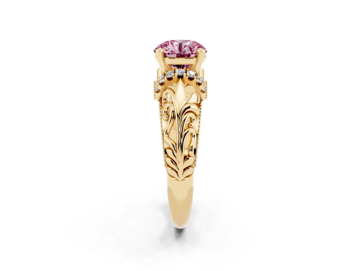 Fancy Pink Round Cut Solitaire Filigree Engagement Ring with Halo and Prong Setting Yellow gold