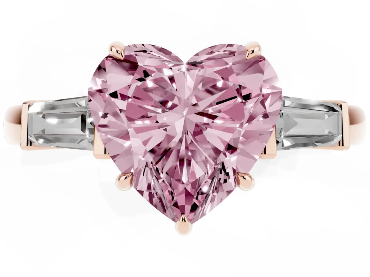 Fancy Pink Heart Cut Diamond Three-Stone Ring with Tapered Baguette Side Stones and Prong Setting Rose gold