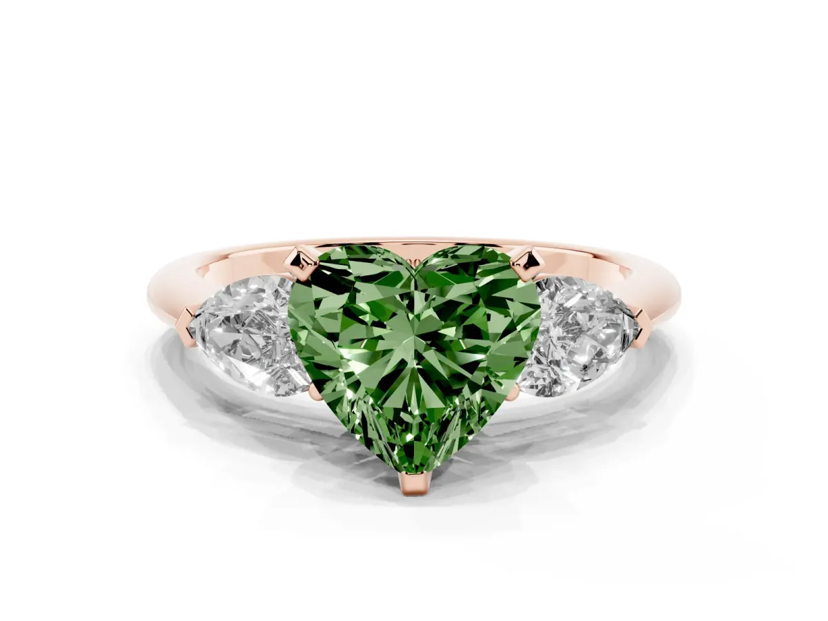 Fancy Green Three-Stone Heart Cut Diamond Ring with Pear Side Stones and Four-Prong Setting Rose gold