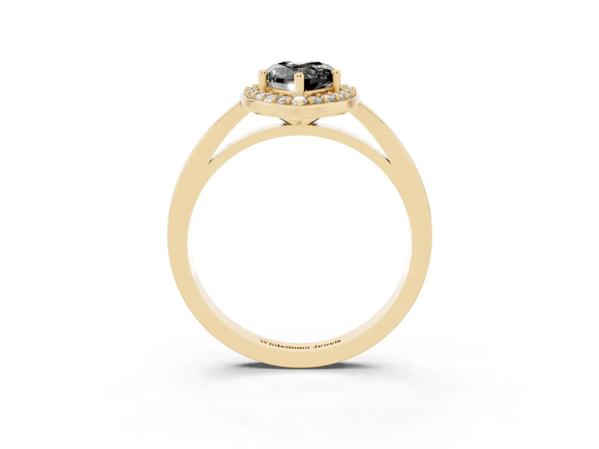 Fancy Black Pear Cut Halo Diamond Ring with Solitaire Band and Prong Setting Yellow gold