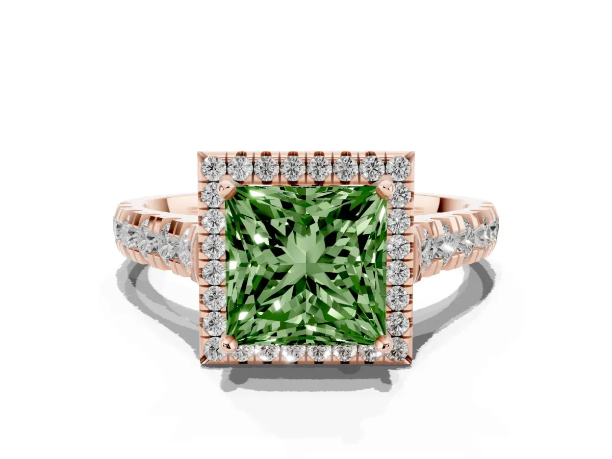 Fancy Green Princess Cut Halo Pavé Diamond Engagement Ring with Four-Prong Setting Rose gold
