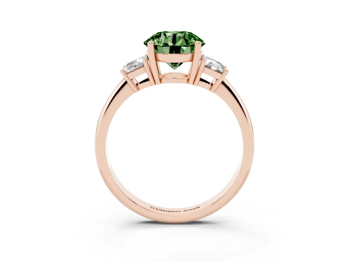 Fancy Green Round Cut Diamond Three-Stone Ring with Trapezoid Side Stones and Prong Setting Rose gold