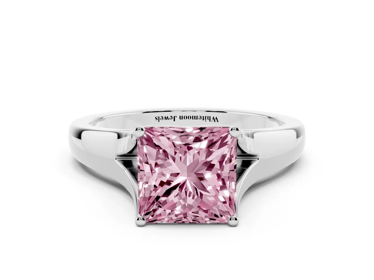 Fancy Pink Princess Cut Solitaire Diamond Ring with Cathedral Band and Four-Prong Setting White gold
