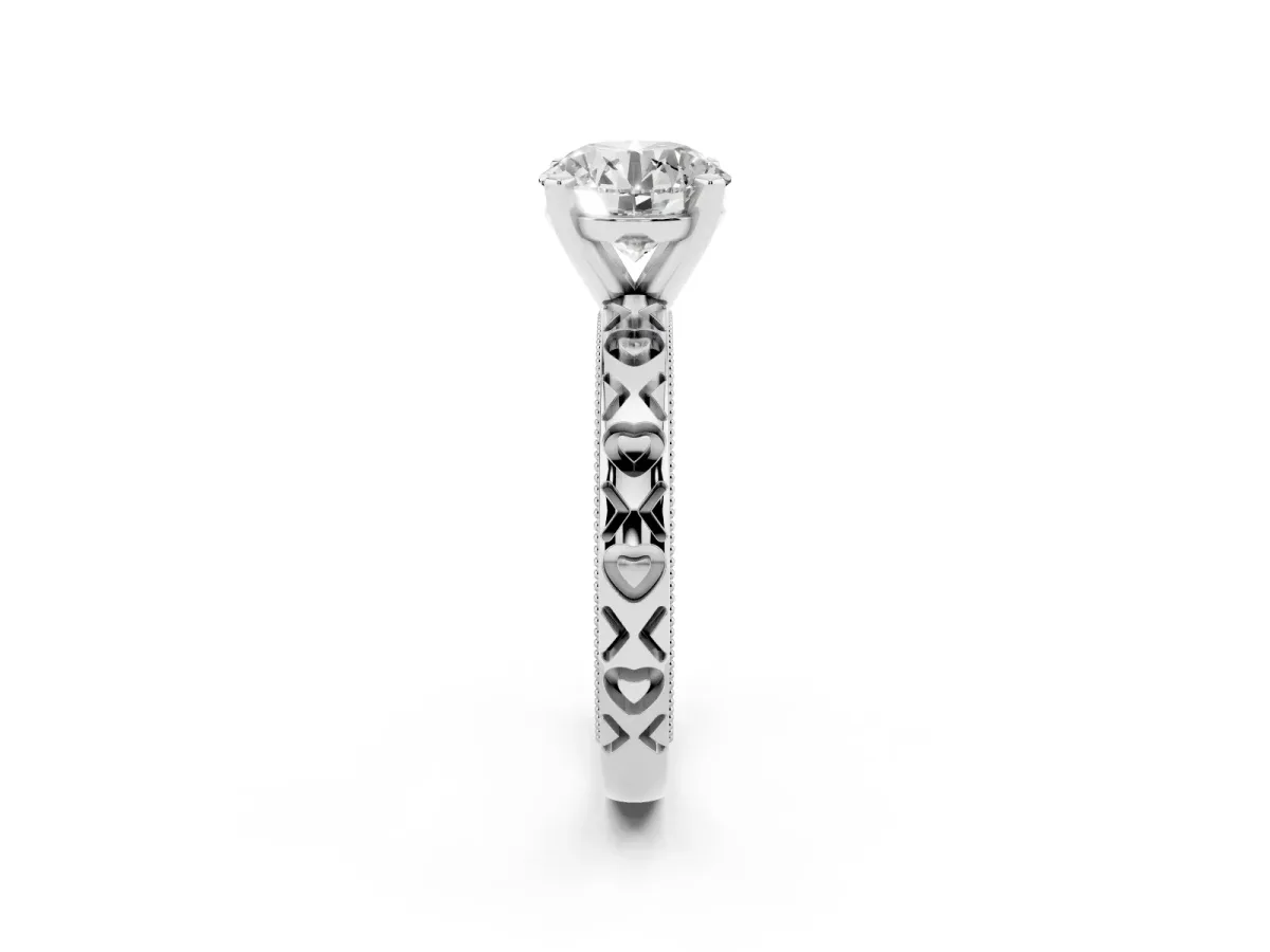 Round Cut Solitaire Diamond Engagement Ring with XO Engraved Band and Four-Prong Setting Silver