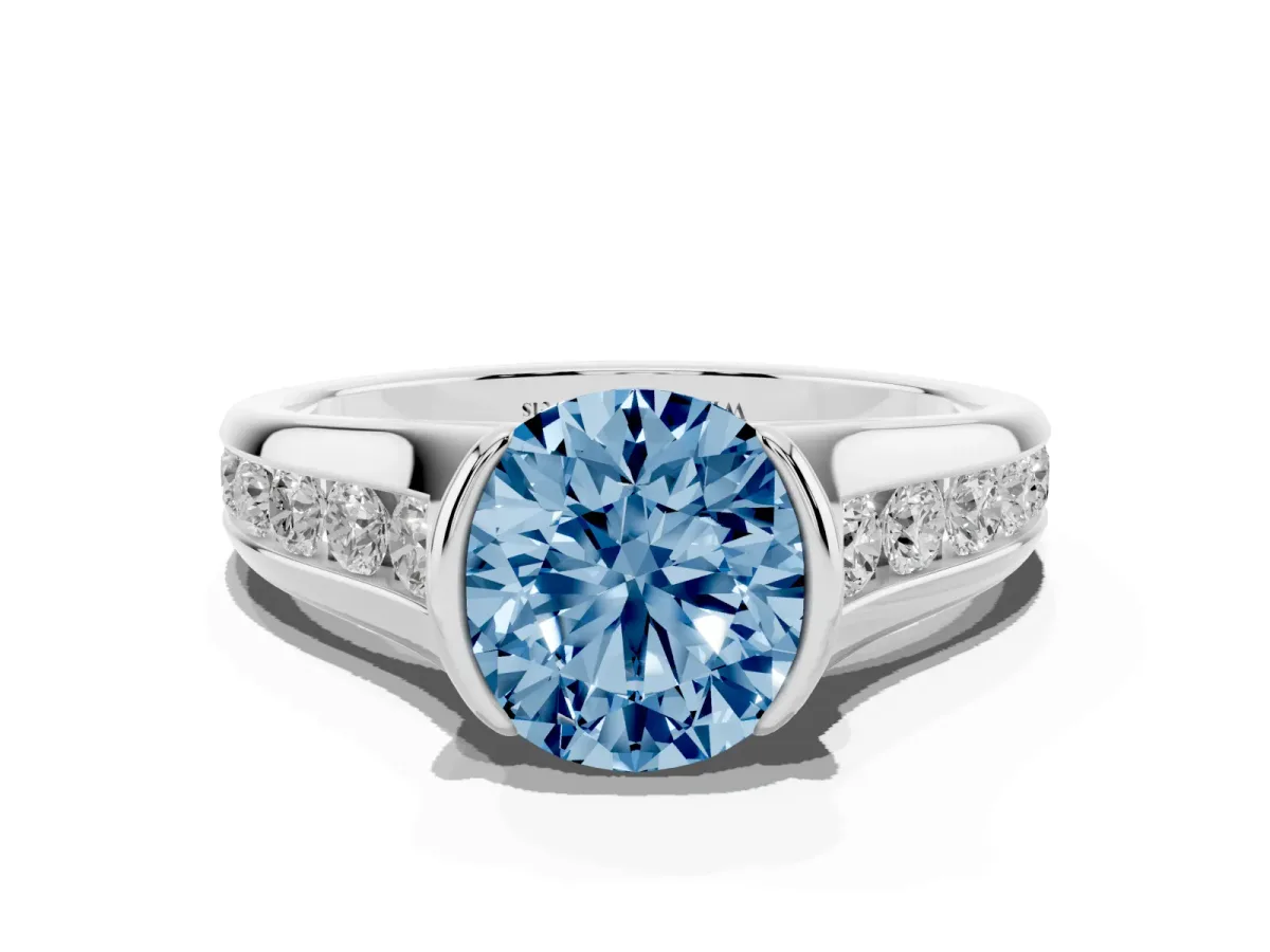 Fancy Blue Round Cut Solitaire Bezel-Set Diamond Ring with Channel-Set Band Platinum