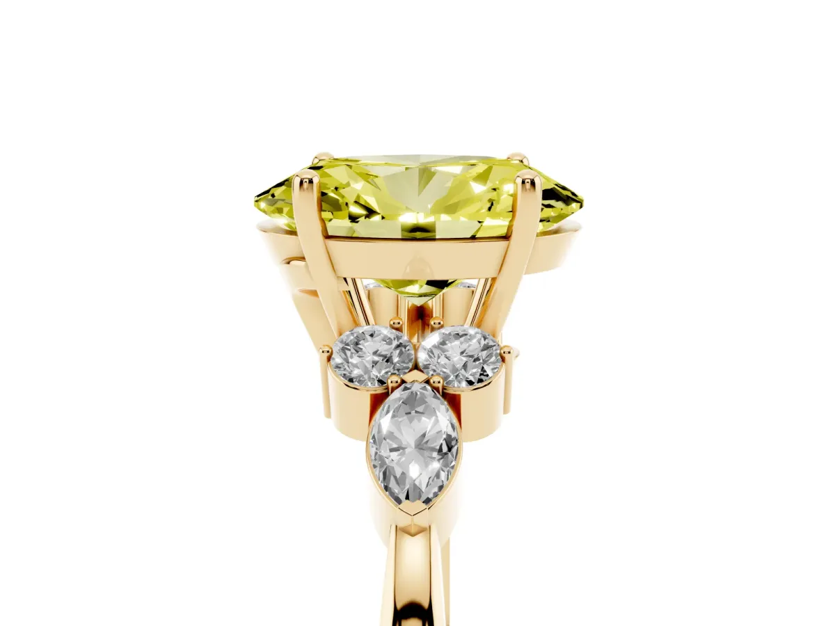 Fancy Yellow Oval Cut Brilliant Diamond Solitaire Ring with Pear Side Stones and Four-Prong Setting Yellow gold