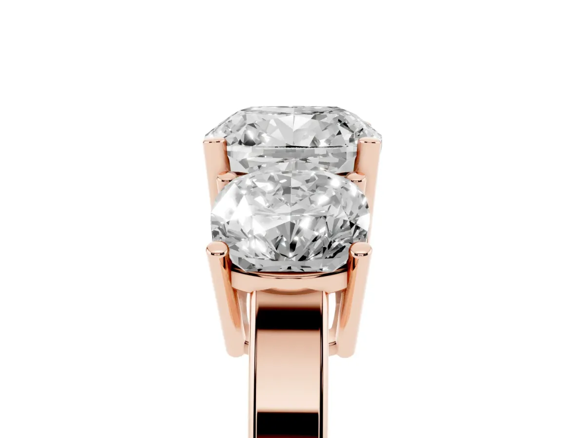 Three-Stone Cushion Cut Cut Diamond Engagement Ring with Flat Band and Four-Prong Setting Rose gold