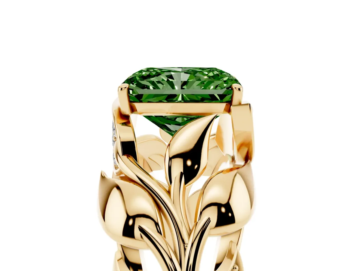 Fancy Green Radiant Cut Diamond Leaf-Inspired Engagement Ring with Round Accents and Prong Setting Yellow gold
