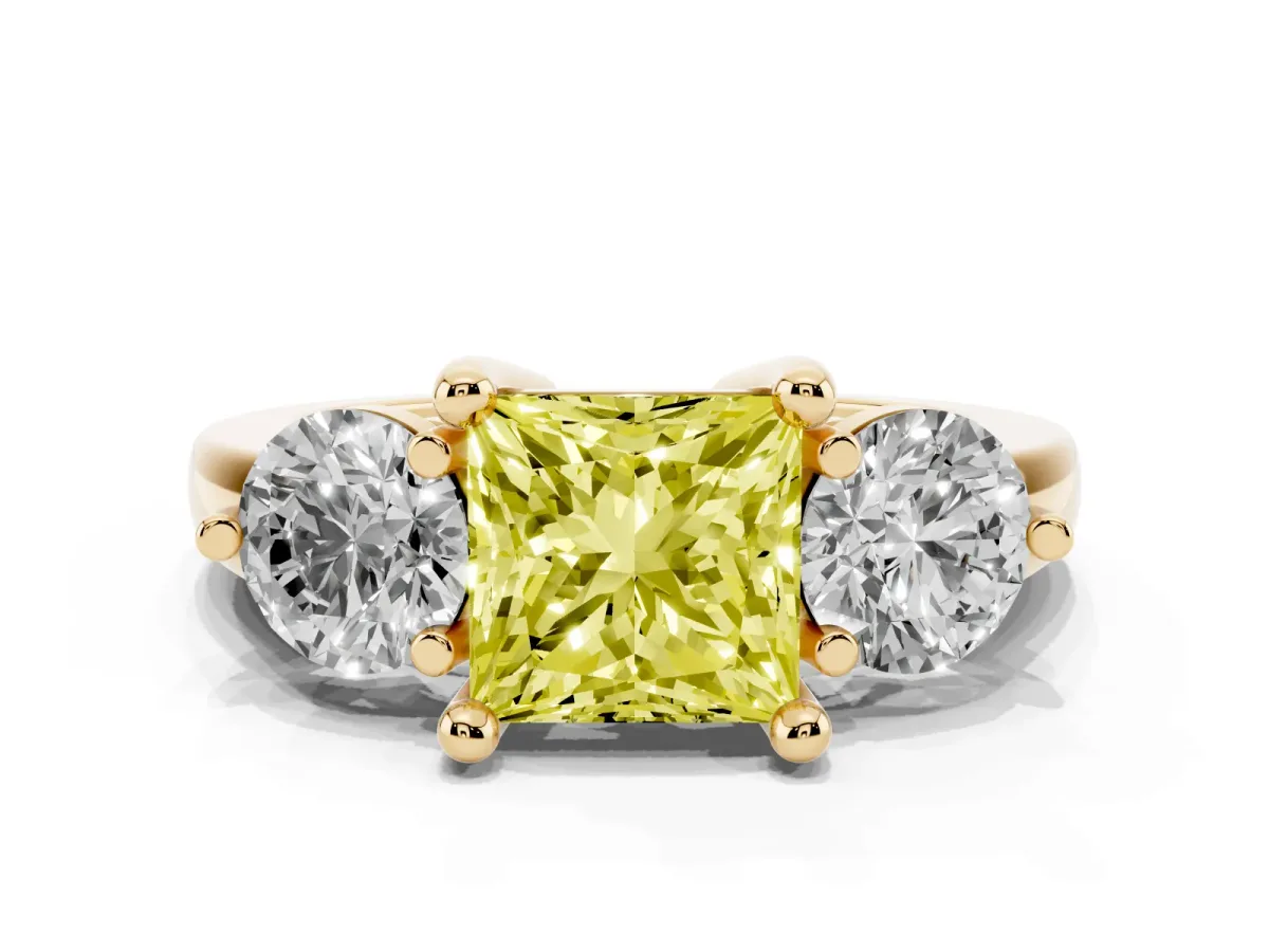 Fancy Yellow Three-Stone Princess Cut Brilliant Cut Solitaire Ring with Prong Setting on a Classic Band Yellow gold