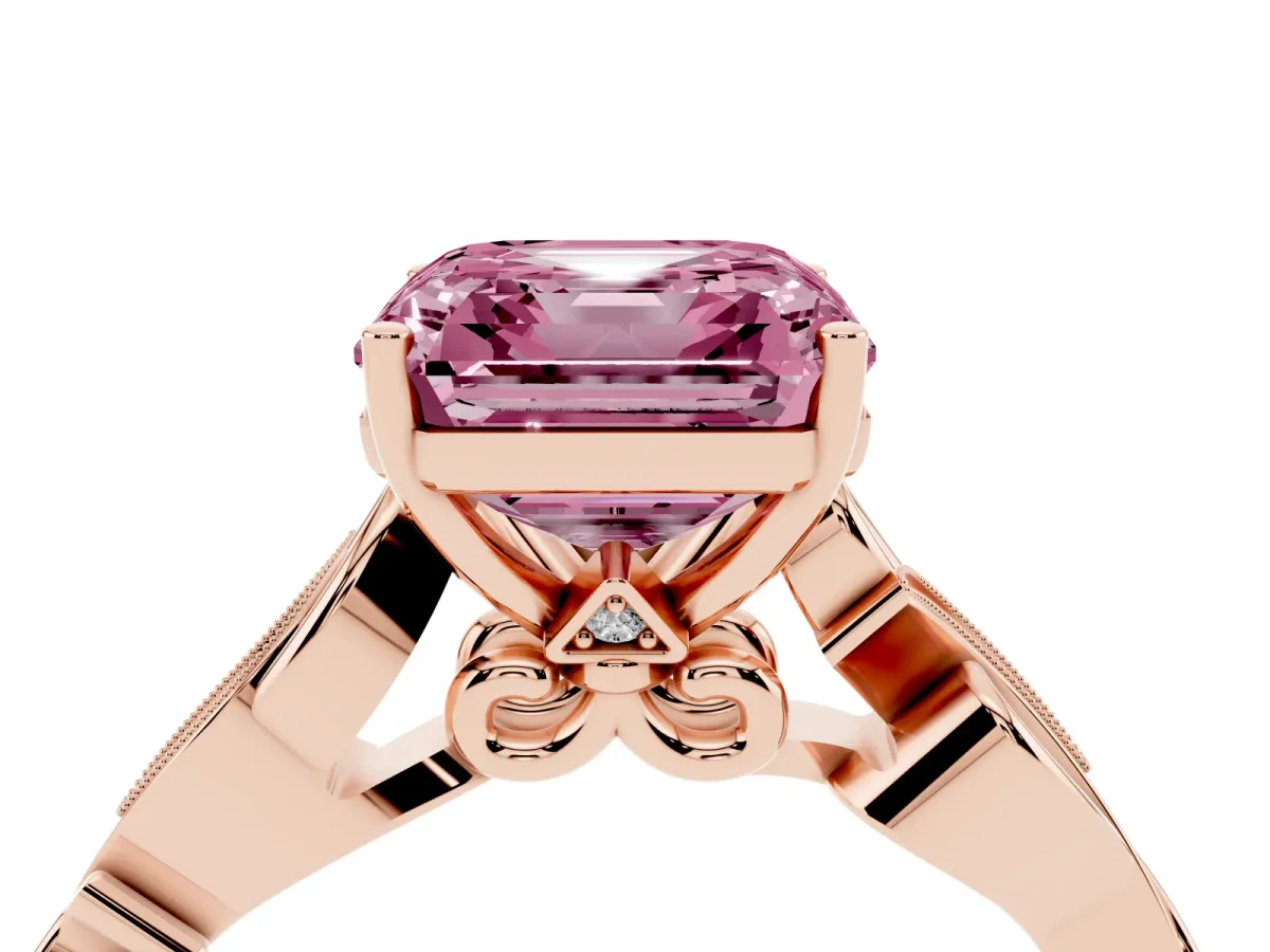 Fancy Pink Asscher Cut Solitaire Vine Band with Milgrain Prong Setting Rose gold
