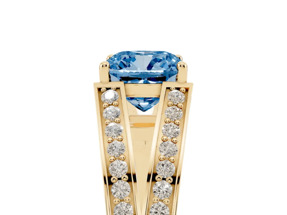 Fancy Blue Cushion Cut Diamond Split Shank Ring with Pavé Band and Four-Prong Setting Yellow gold
