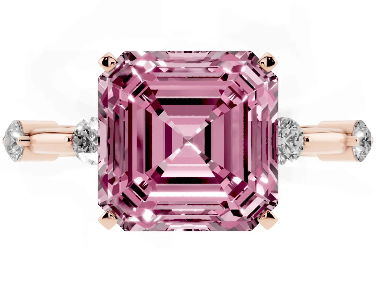 Fancy Pink Asscher Cut Solitaire Diamond Ring with Bezel Set Side Stones and Prong Setting Rose gold