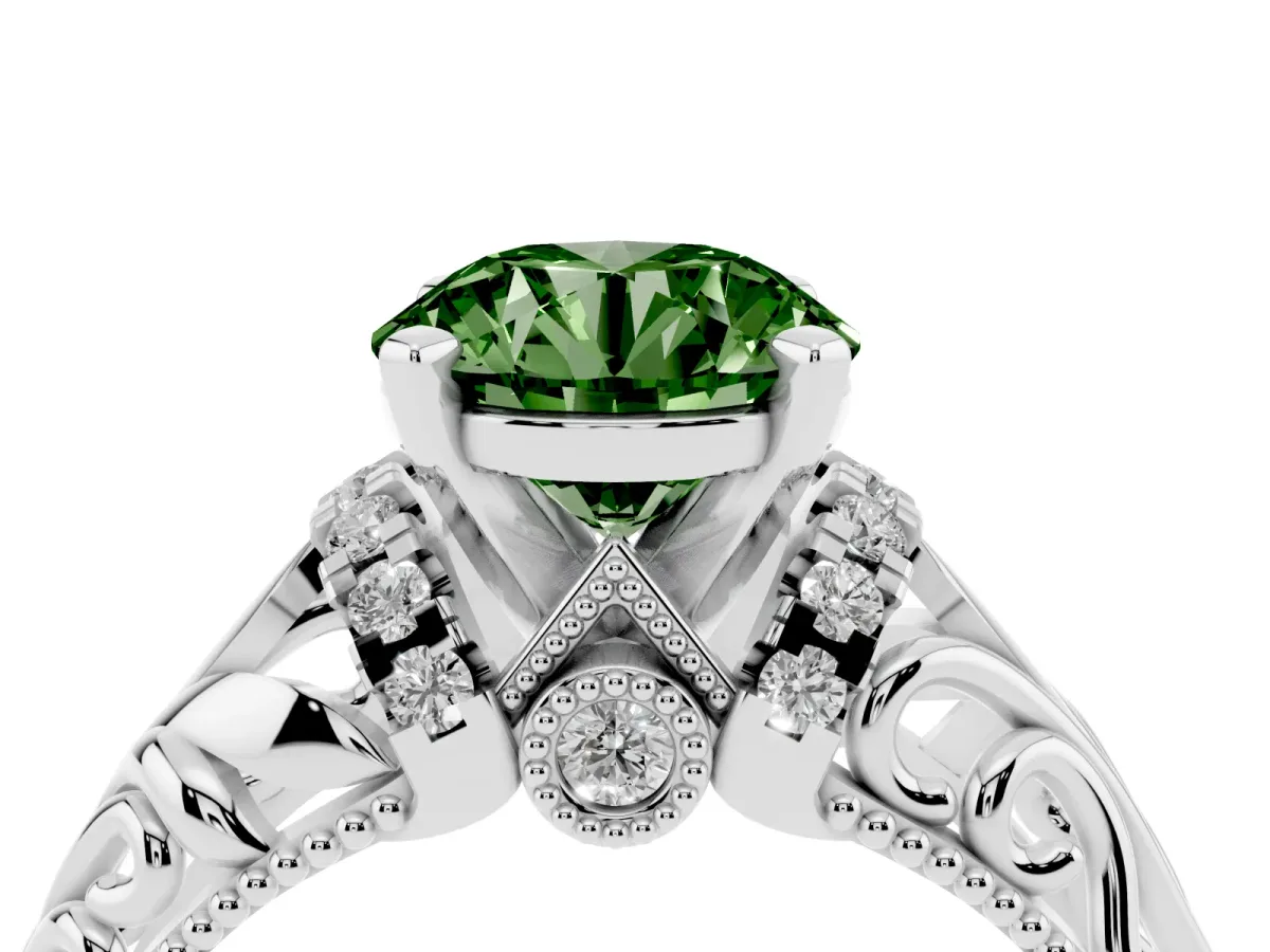 Fancy Green Round Cut Solitaire Filigree Engagement Ring with Halo and Prong Setting Silver