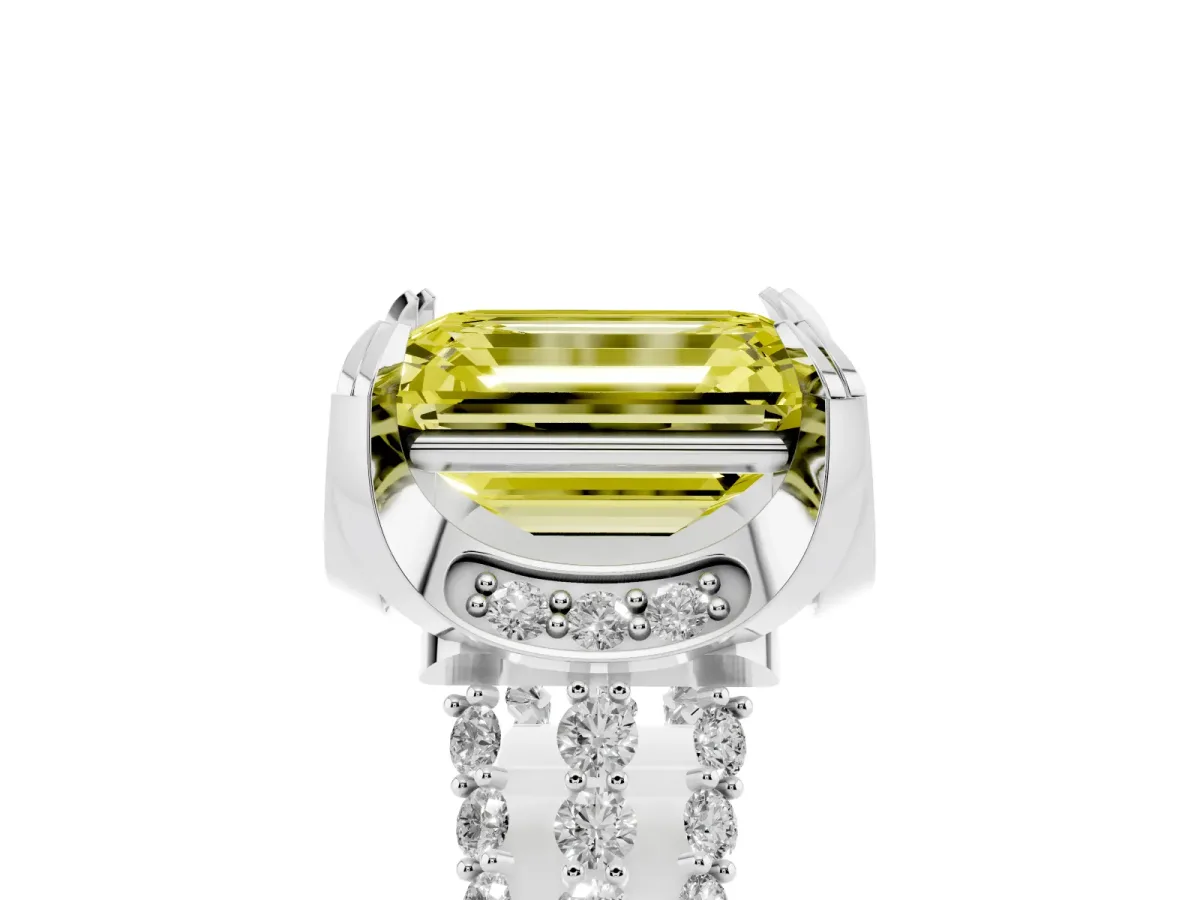 Fancy Yellow Emerald Cut Solitaire Pave Split Shank Ring with Four-Prong Setting Platinum