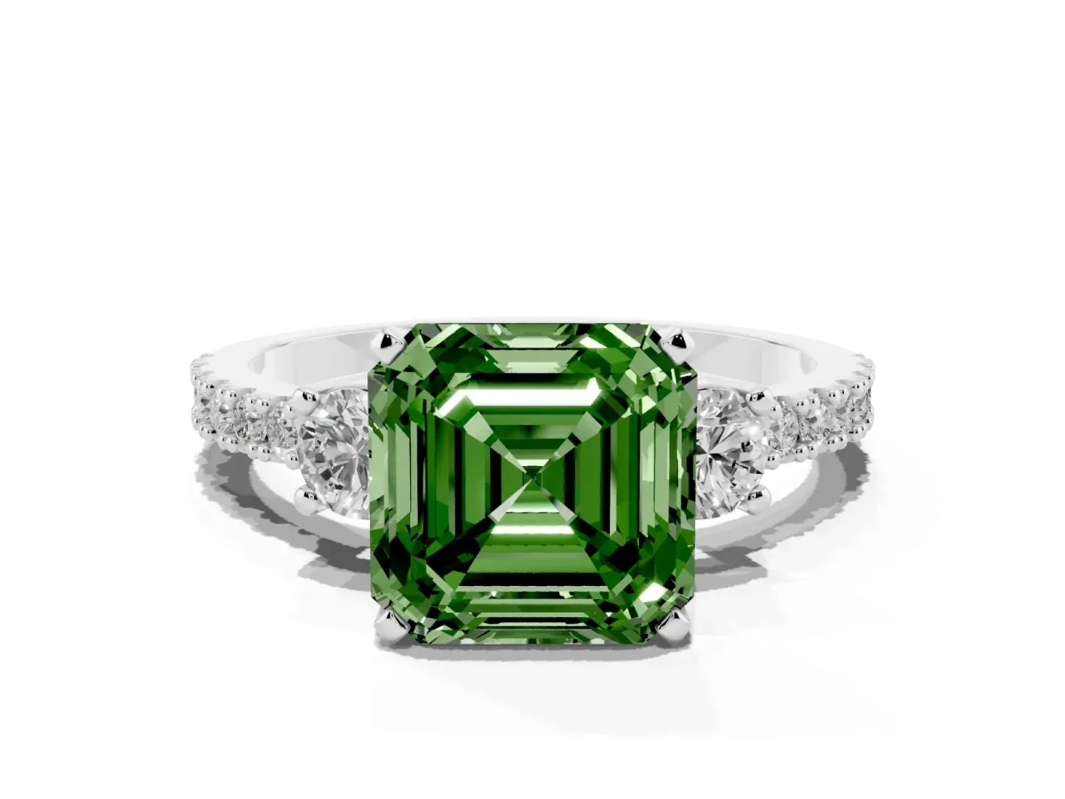 Fancy Green Asscher Cut Three-Stone Diamond Pavé Band with Prong Setting Silver