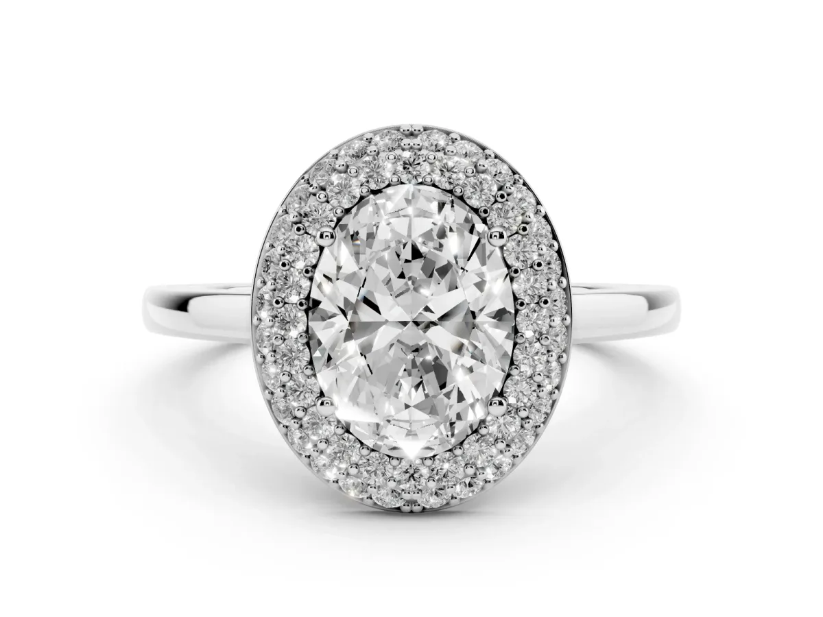 Oval Cut Halo Diamond Engagement Ring with Solitaire Band and Four-Prong Setting Silver