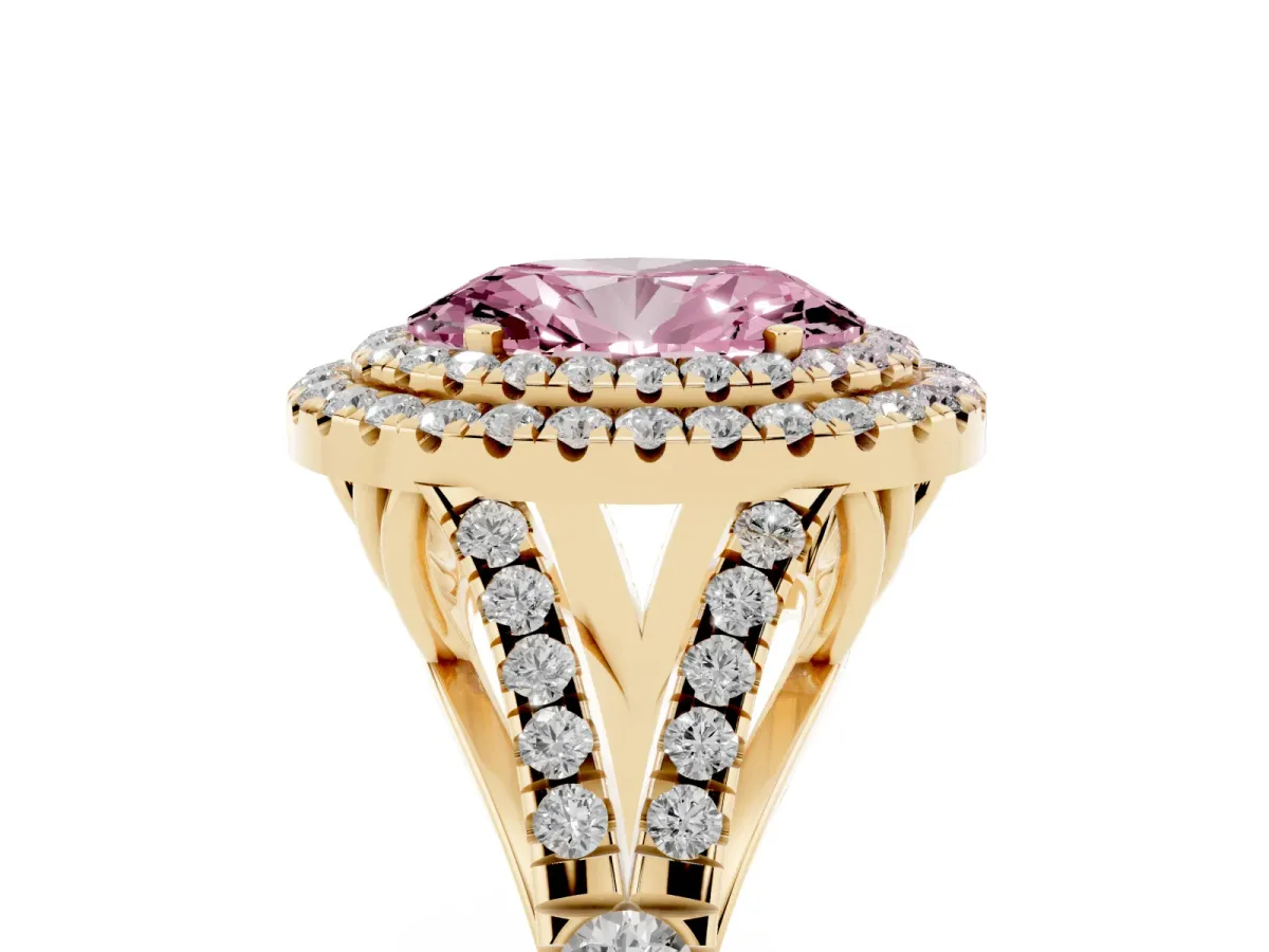 Fancy Pink Oval Cut Diamond Pavé Split Shank Double Halo Engagement Ring Yellow gold
