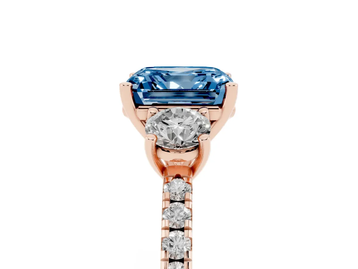 Fancy Blue Three-Stone Asscher Cut Cut Diamond Pavé Band with Prong Setting Rose gold