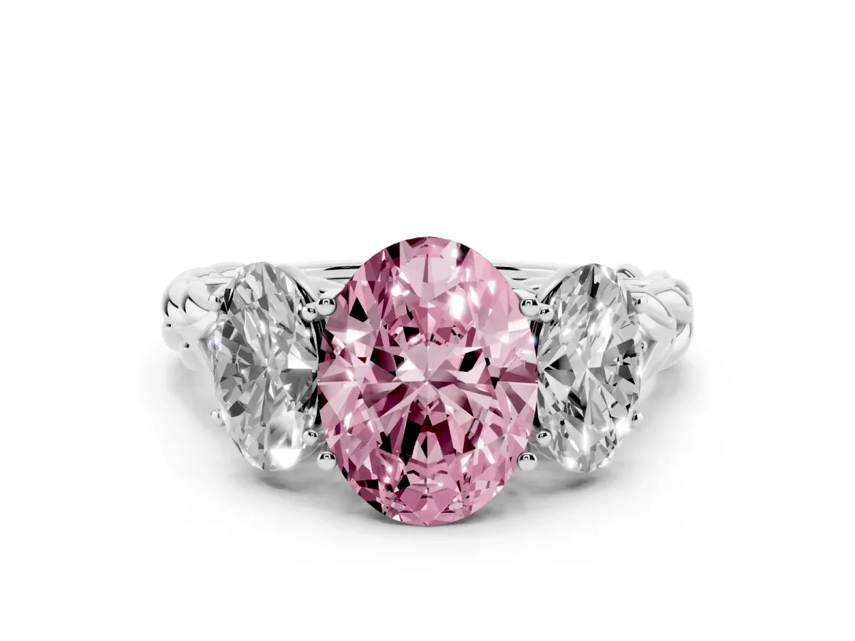 Fancy Pink Three-Stone Oval Cut Diamond Braided Band Ring with Four-Prong Setting White gold