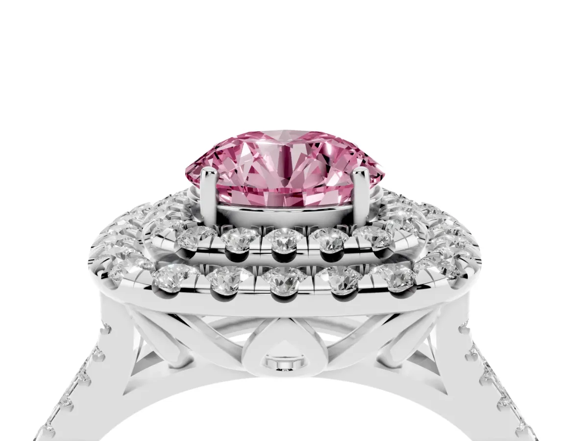Fancy Pink Double Halo Round Cut Diamond Pavé Split Shank Ring with Prong Setting Platinum