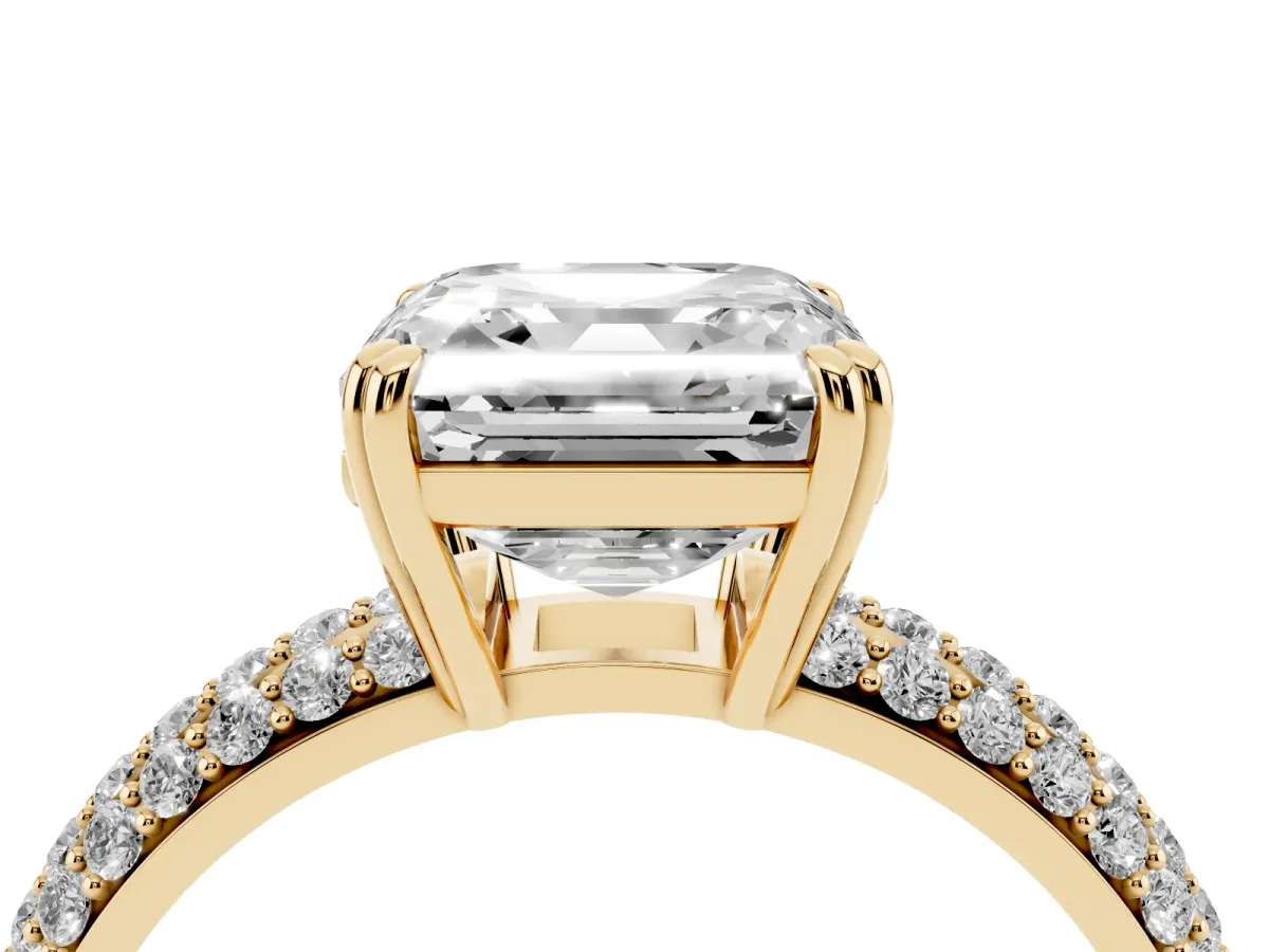 Asscher Cut Diamond Solitaire Ring with Multi-Row Round Pavé Band and Prong Setting Yellow gold