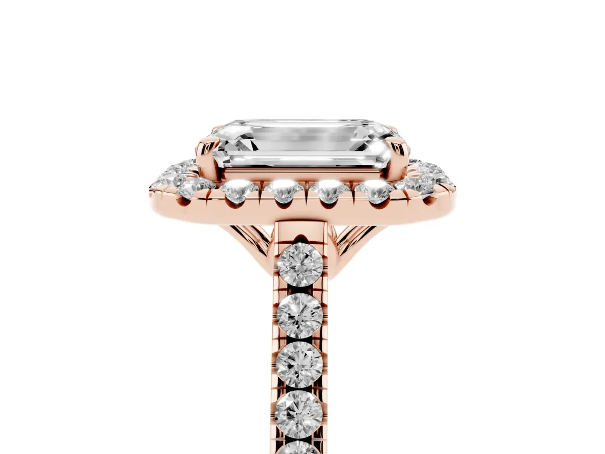 Emerald Cut Halo Pavé Diamond Engagement Ring with Four-Prong Setting Rose gold