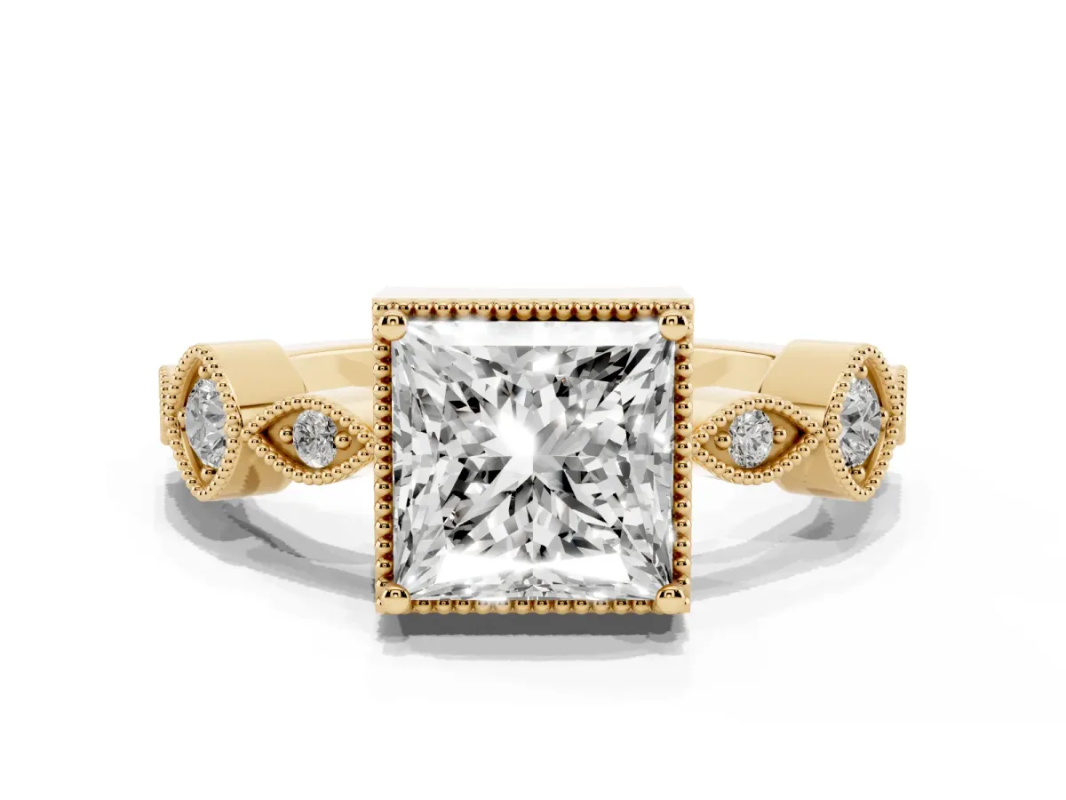 Princess Cut Diamond Vintage Milgrain Ring with Round Stations Yellow gold