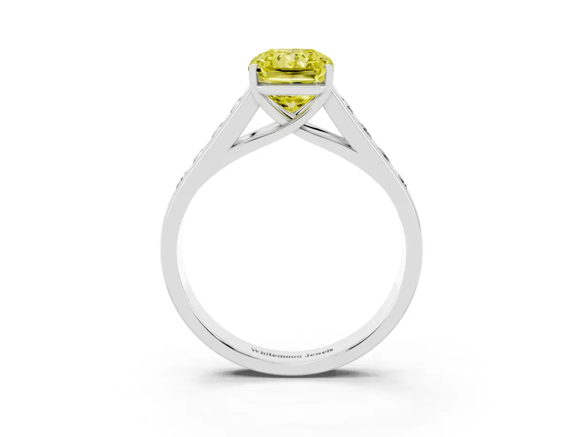 Fancy Yellow Radiant Cut Solitaire Channel-Set Diamond Engagement Ring with Four-Prong Setting Silver
