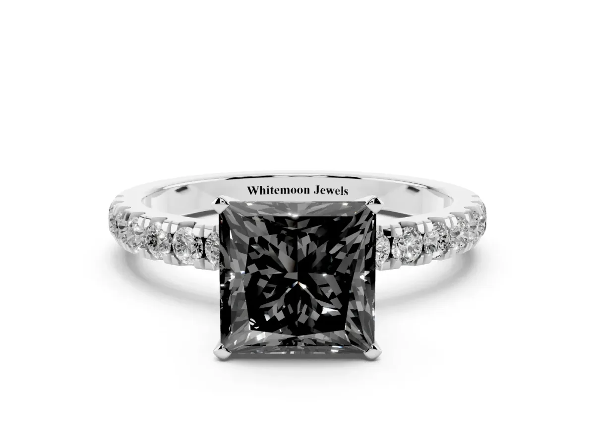 Fancy Black Princess Cut Diamond Solitaire Ring with Pavé Accents and Four-Prong Setting Silver